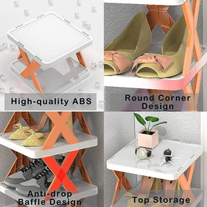 Collage of a small table with features highlighted, including high-quality ABS material, round corner design, anti-drop baffle design, and top storage.