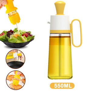 Yellow oil bottle with brush and salad on a white background