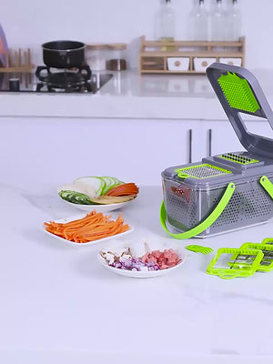 Kitchen utensils including a grater, strainer, and cutting board on a white countertop.