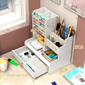 White desk organizer with stationery items on a desk near a window.