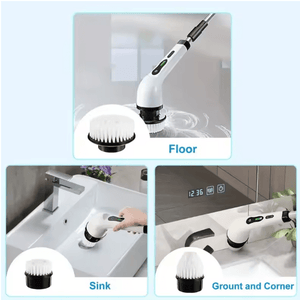 Multifunctional cleaning brush with different attachments used on a sink, floor, and ground corner.