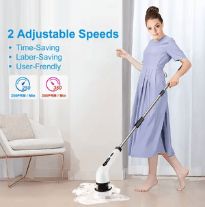 Woman using a floor cleaning machine with text on adjustable speeds.