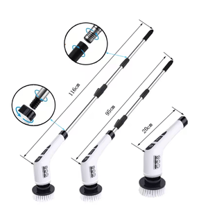 Set of three cleaning brushes with adjustable handles and measurement details on a white background.