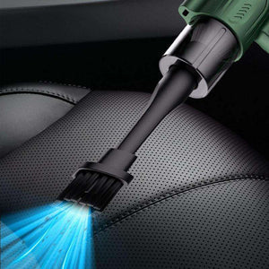 Car seat cleaning tool with blue light on a car interior background