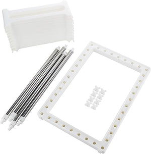 Set of white frames, metal rods, and small white objects on a white background