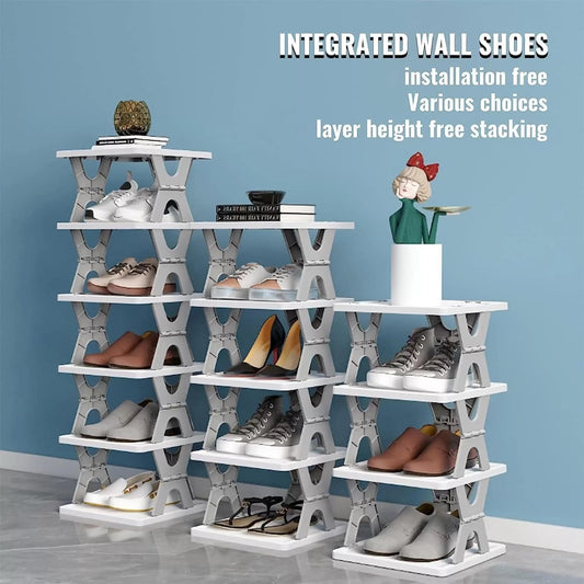 Integrated wall shoe rack with various shoes on a blue background