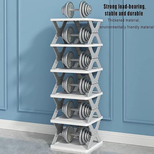 Dumbbell rack with weights on a blue wall background