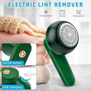 Electric lint remover with USB charging feature on a white background