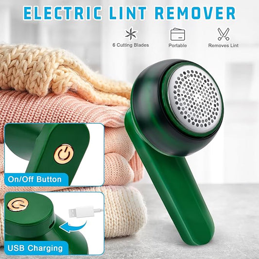 Electric lint remover with USB charging feature on a white background