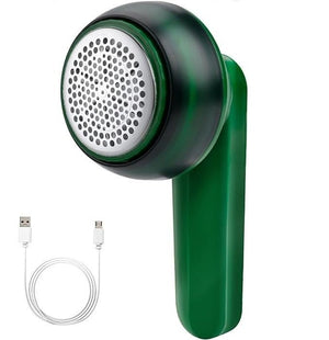 Green fabric shaver with USB cable on a white background