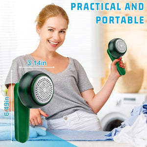 Woman holding a green handheld device with text 'Practical and Portable' in a laundry setting.