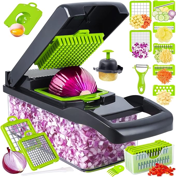 Multifunctional kitchen tool with various attachments for cutting vegetables.