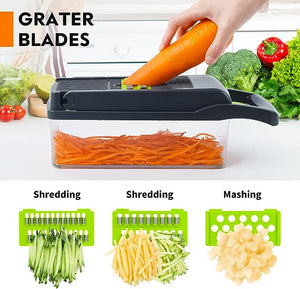 Vegetable grater with carrots being grated, surrounded by vegetables, and illustrations of shredding and mashing functions.