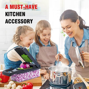 Woman and two children in a kitchen with cooking accessories, promoting a must-have kitchen accessory.